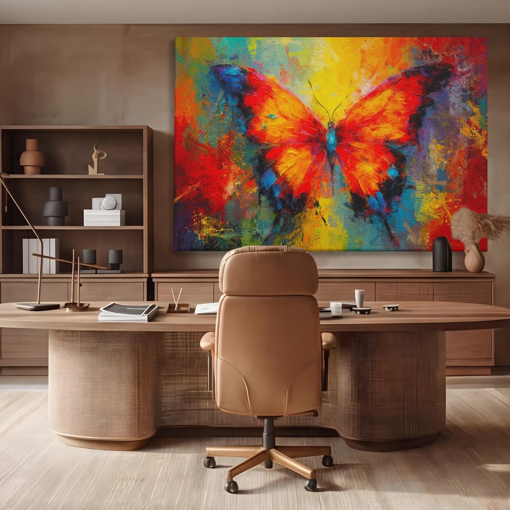 Tablou canvas cu pictura orizontala cu fluture colorat, fara rama, pe sasiu de lemn, pe perete intr-un birou